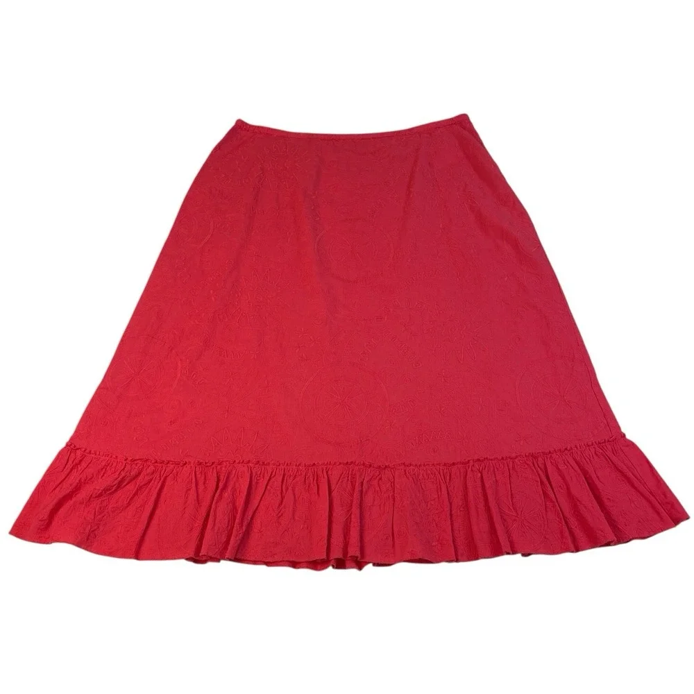 Susan Bristol Red/Pink Embroidered Cotton Skirt L‎ Ruffle Hem Boho Cottagecore